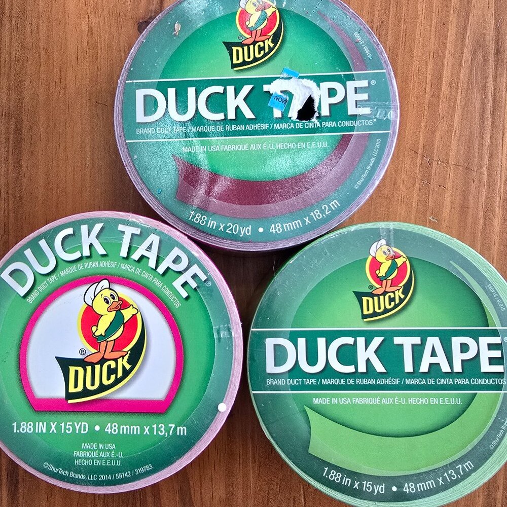 3 New Rolls Duck Brand Duct Tape Purple, Green, & Pink